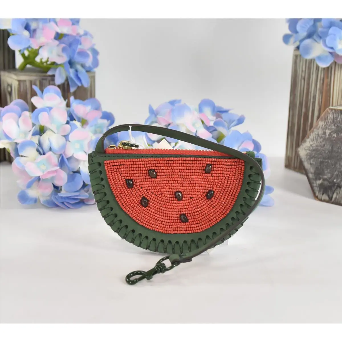 Tory Burch Beaded Watermelon Nubuck Leather Coin Purse