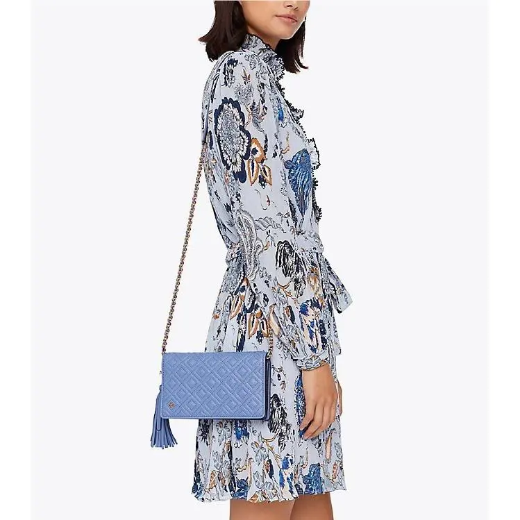 Tory Burch Fleming Quilted Leather Flat Wallet Cross-body in Larkspur