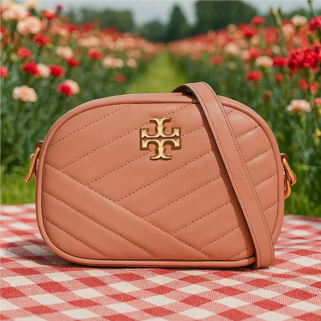 Tory Burch Kira Chevron Meadow Sweet Pink Leather Small Crossbody Camera Bag