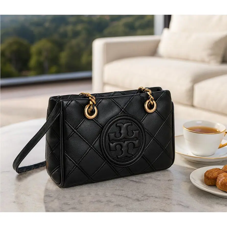 Tory Burch Soft Fleming Black Leather Small Chain Tote Bag + Shoulder Strap
