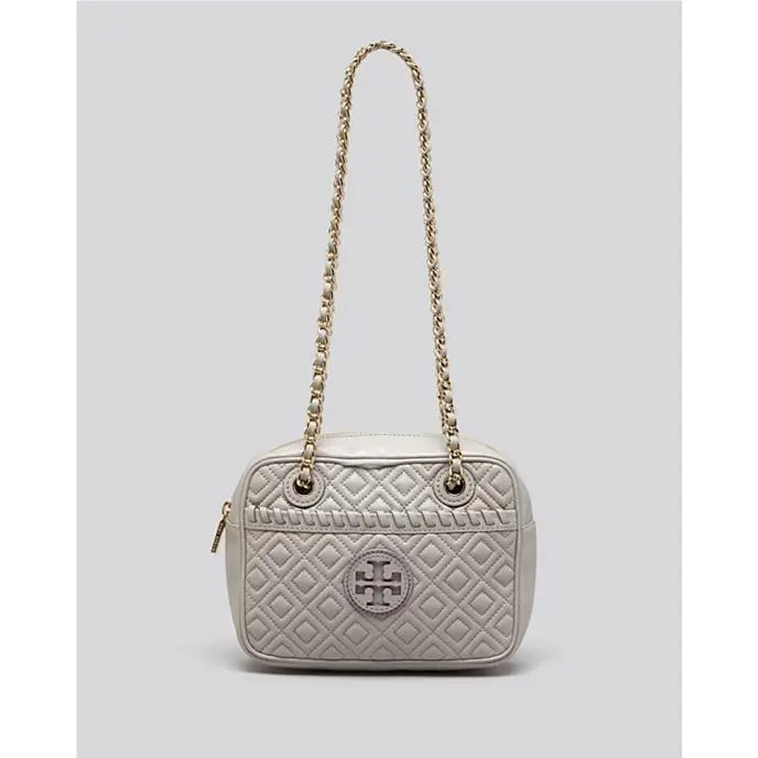 Tory Burch Marion Fleming Quilted Leather Chain Crossbody Camera Bag Gray
