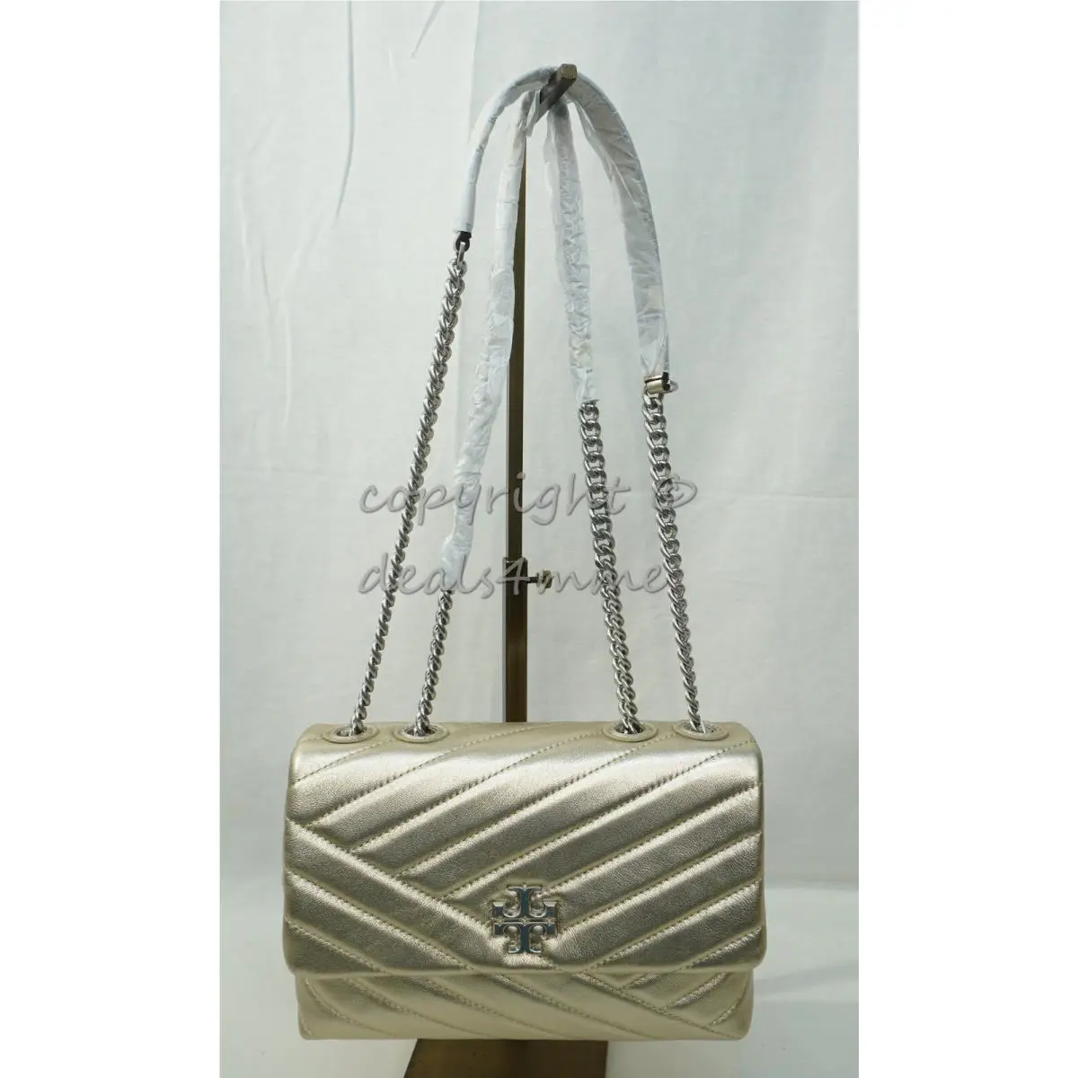 Tory Burch 143707 Small Kira Chevron Convertible Shoulder Bag in White Gold