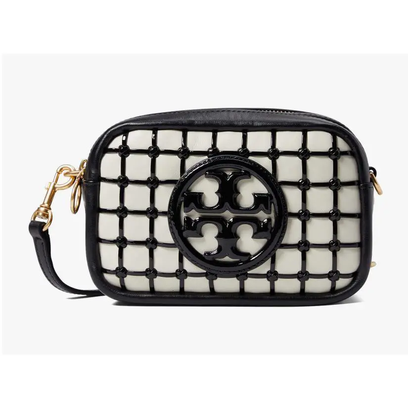 Tory Burch Perry Bombe Patent Whipstitch Mini Bag Double Zip Black White Leather
