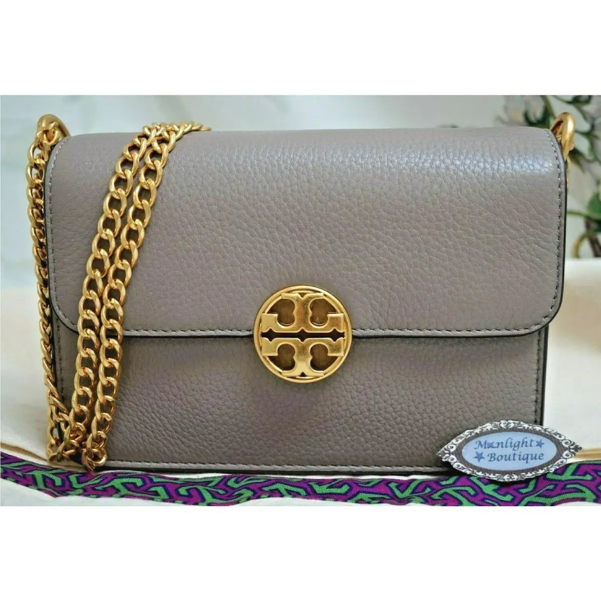 Tory Burch Chelsea Mini Conv. Shoulder X-body Bag In Grey Heron Leather Gold