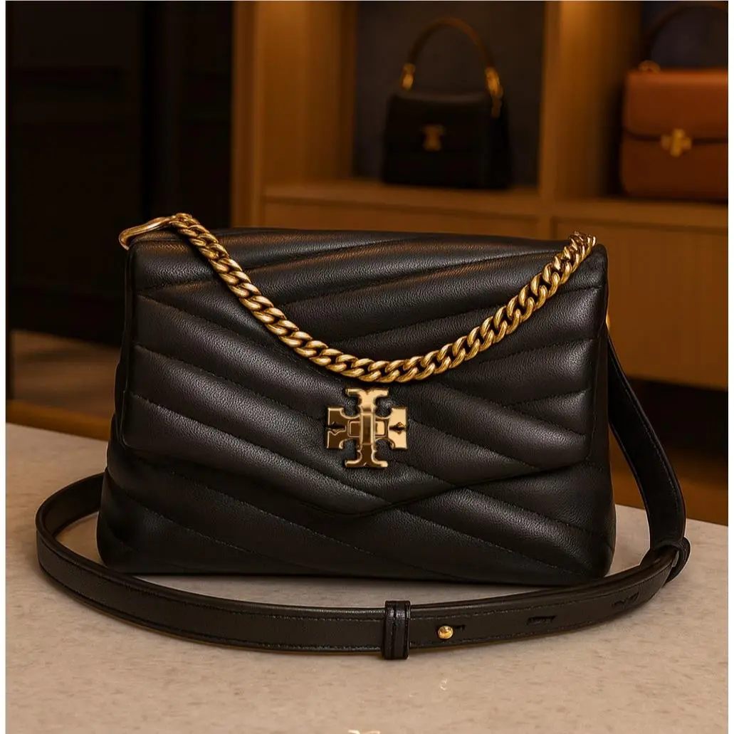 Tory Burch Kira Chevron Double Strap Black Crossbody/satchel/shoulder Bag