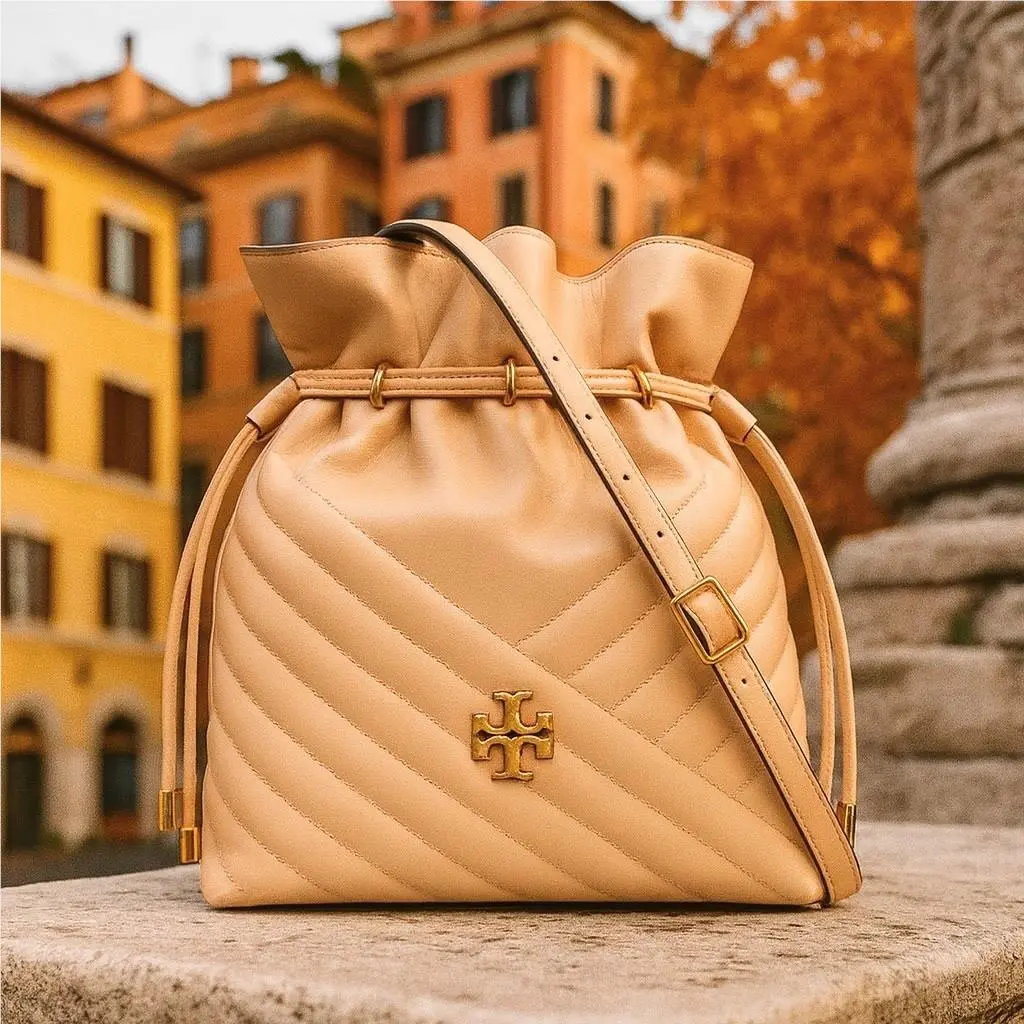 Tory Burch Kira Chevron Devon Sand Beige Drawstring Bucket Tote/shoulder Bag