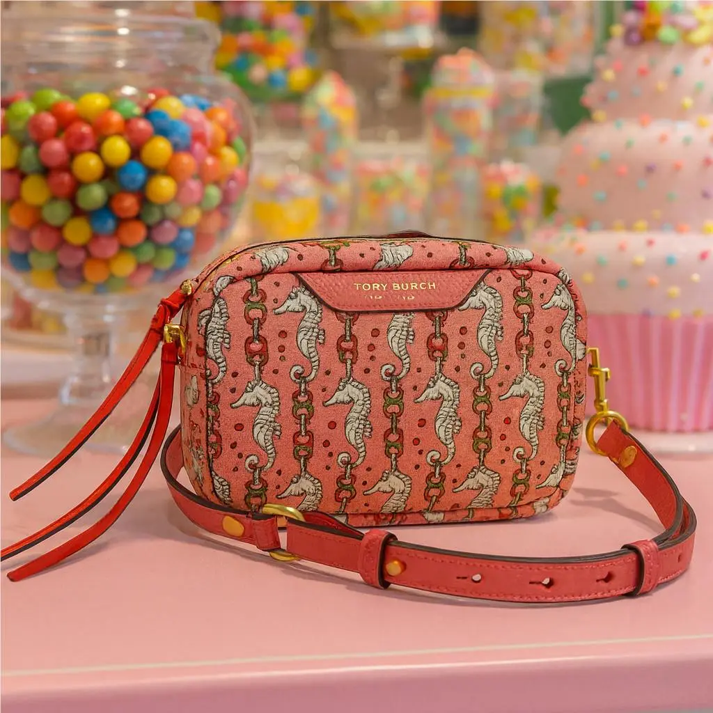 Tory Burch Perry Seahorse Printed Leather Mini Camera/crossbody/shoulder Bag