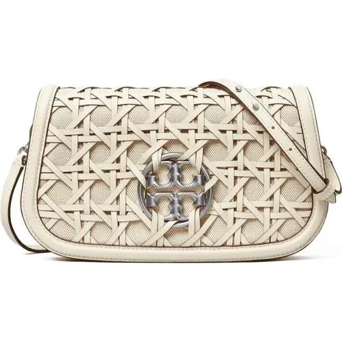 Tory Burch Miller Basketweave Convertible Shoulder Bag Ivory Leather Silver Logo