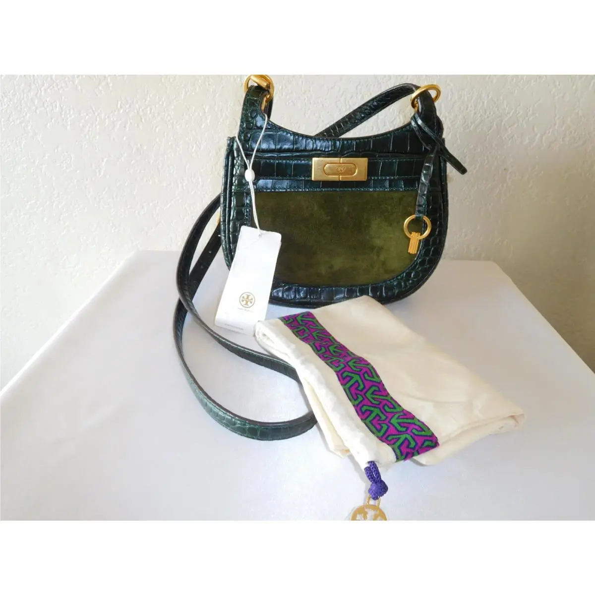 Tory Burch Lee Radziwill Small Croco Embossed Leather/ Suede Saddle Handbag