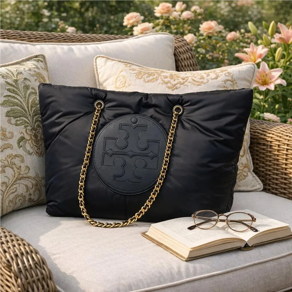 Tory Burch Ella Puffer Black Nylon Large Chain Shoulder/shopper Tote Bag