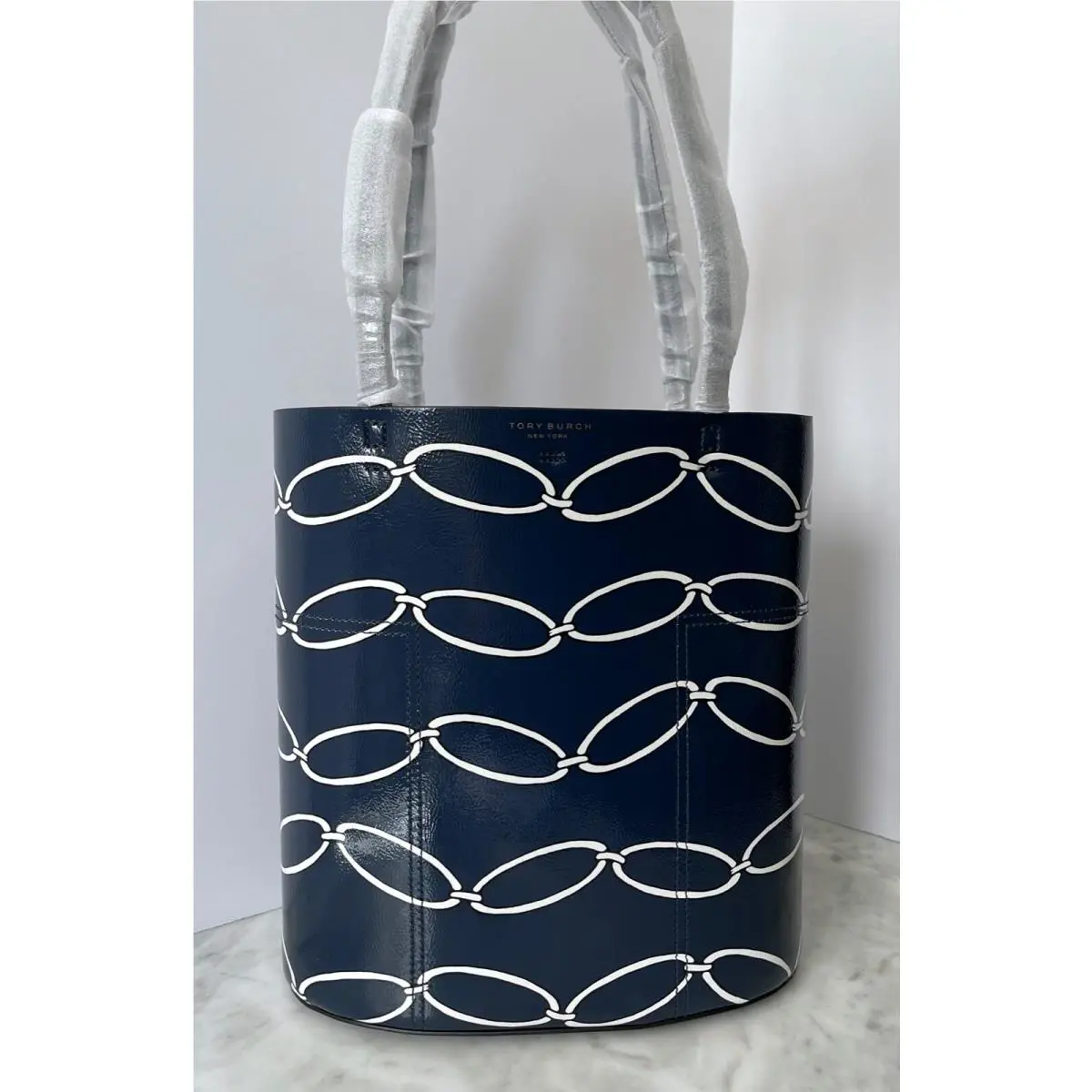 Tory Burch Block-t Printed Medium Tote Elliptical Link Navy