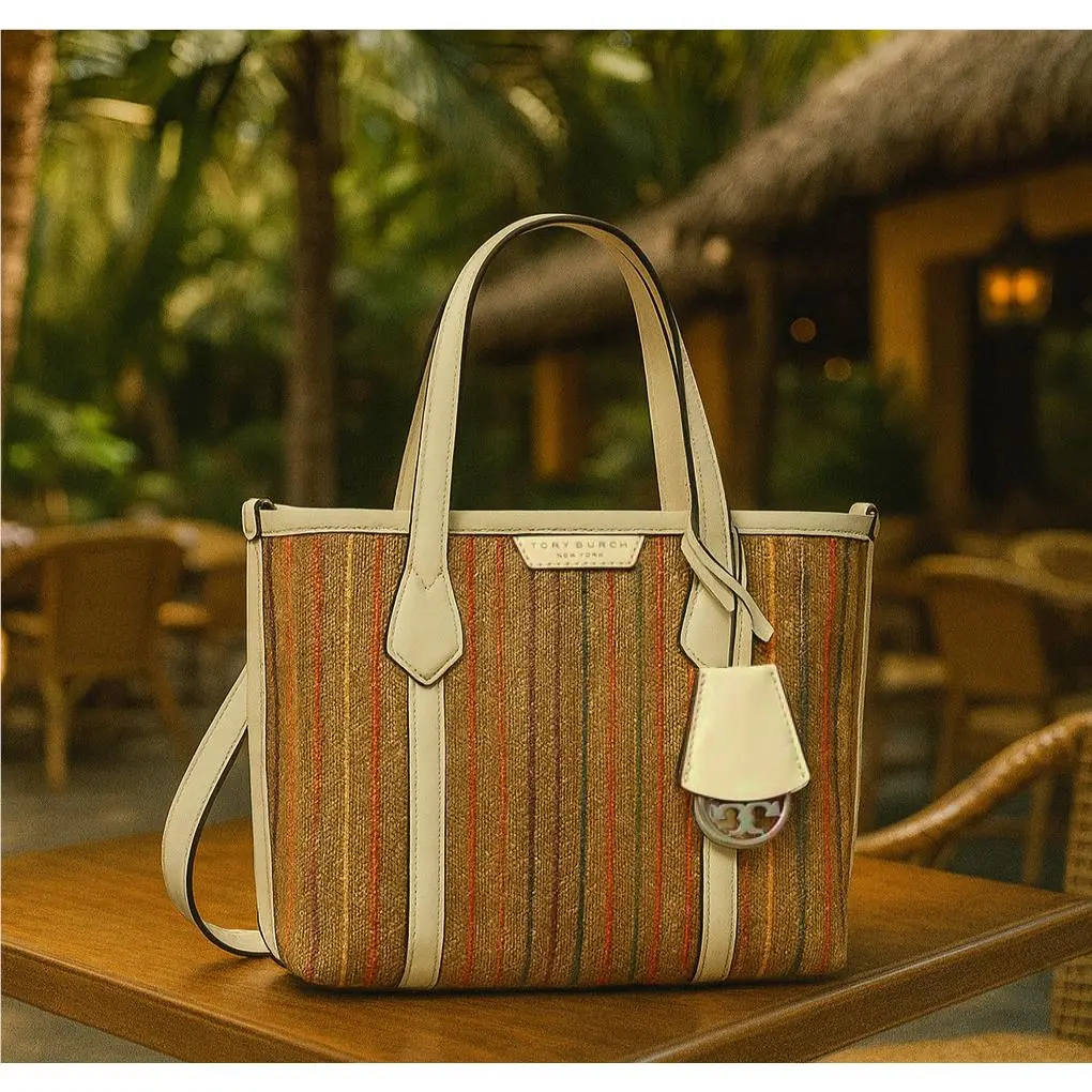 Tory Burch Perry Natural/white Raffia Stripe Small Tote Bag/crossbody Bag