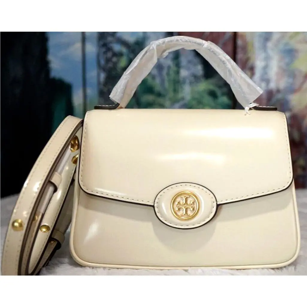 Tory Burch Small Robinson Spazzolato Leather Top-handle Bag Light Cream/gold