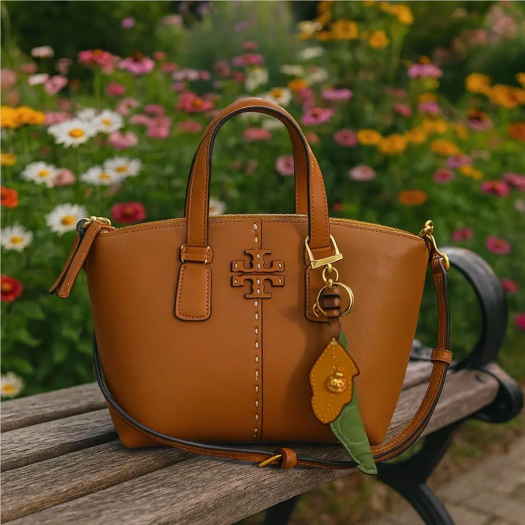 Tory Burch Mcgraw Squash Tan Smooth Leather Mini Satchel + Pea Pod Key Ring