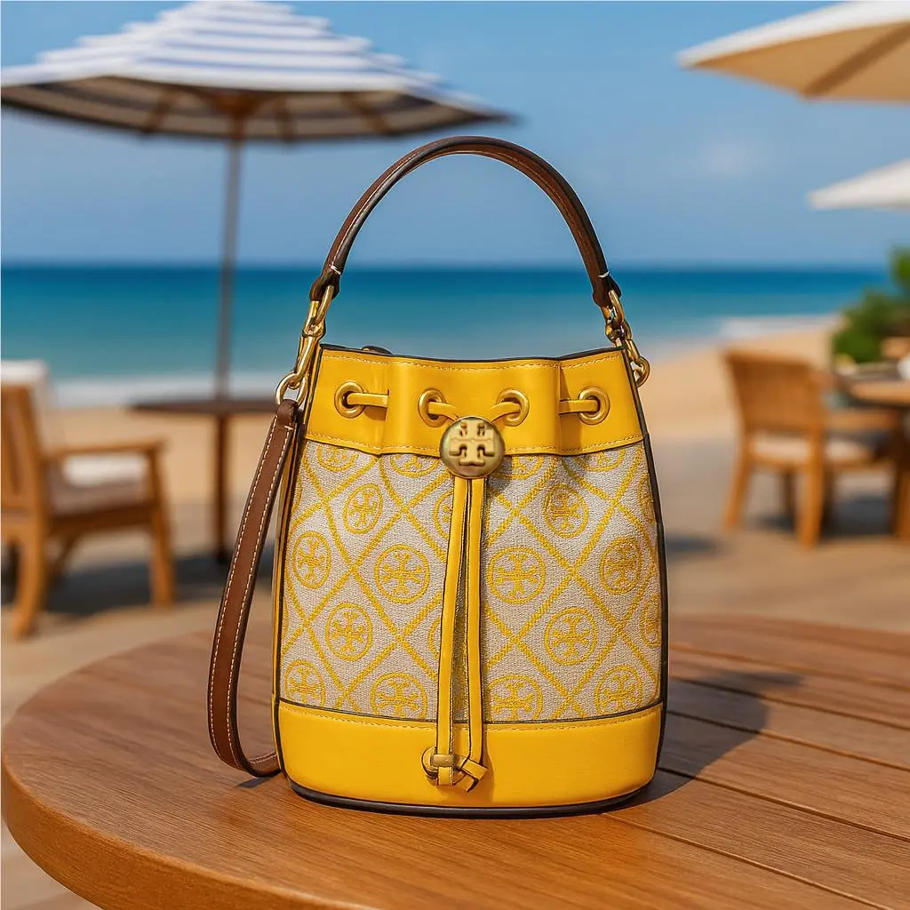 Tory Burch T Monogram Jacquard Goldfinch Yellow Mini Bucket/shoulder Bag