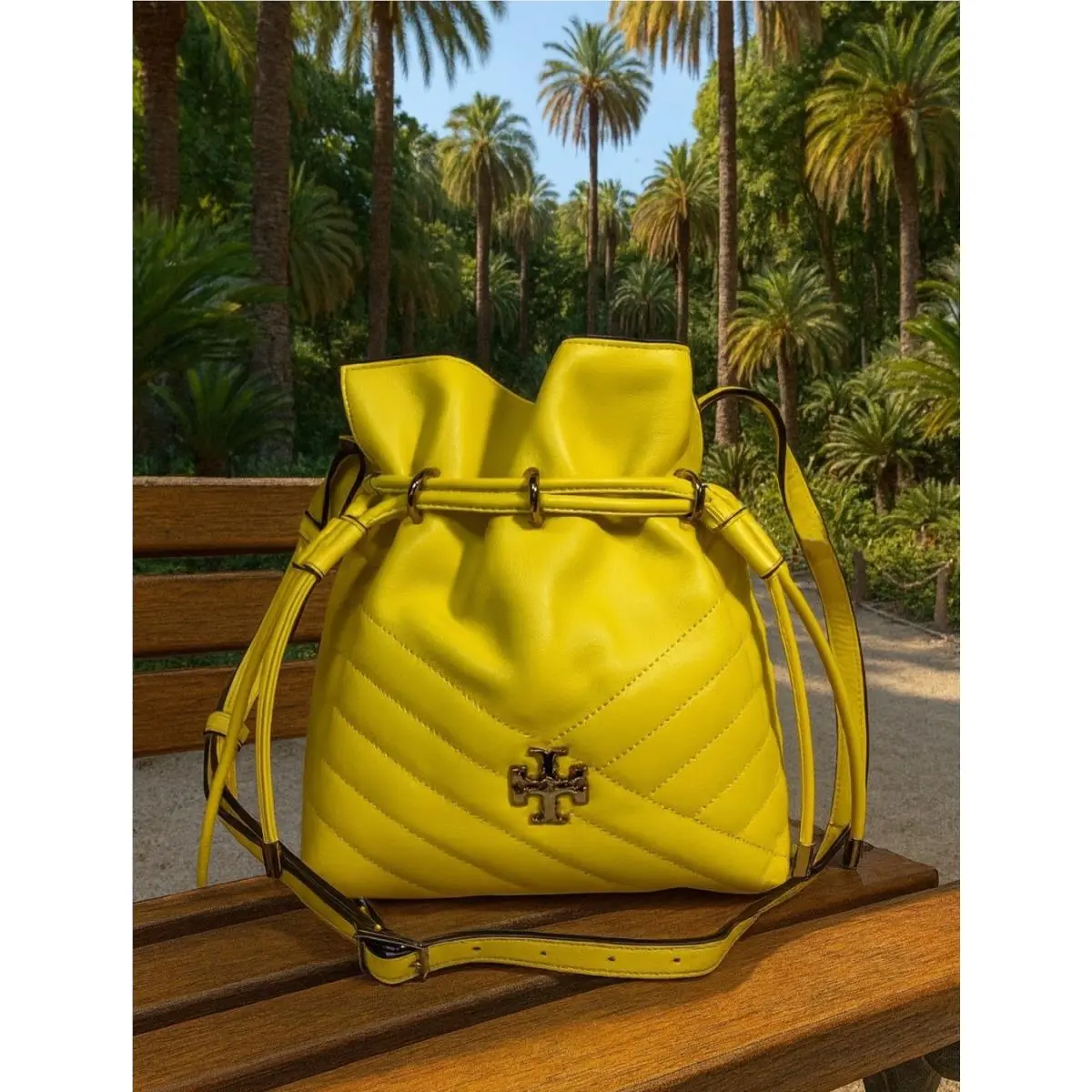 Tory Burch Kira Chevron Limone Yellow Leather Mini Bucket Crossbody Tote Bag