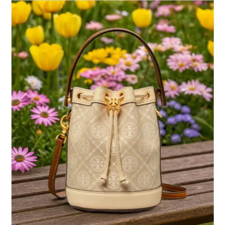 Tory Burch T Monogram Jacquard Mini Bucket Drawstring Bag Almond Beige