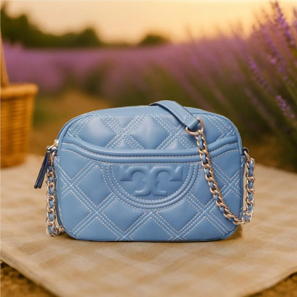 Tory Burch Soft Fleming Bluewood/pancake Leather Camera Bag/crossbody Bag