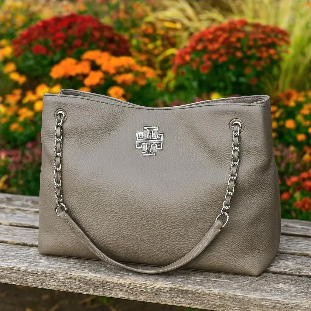 Tory Burch Britten French Gray Leather Triple Compartment Shoulder Tote Bag