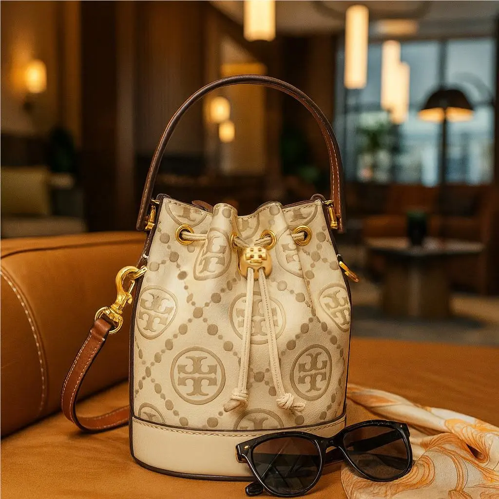 Tory Burch T Monogram Contrast Embossed Cream/gray Leather Mini Bucket Bag