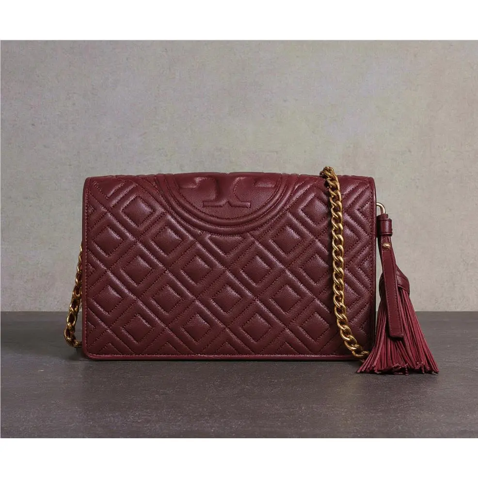 Tory Burch Fleming Claret Burgundy Red Chain Wallet Small Crossbody Bag