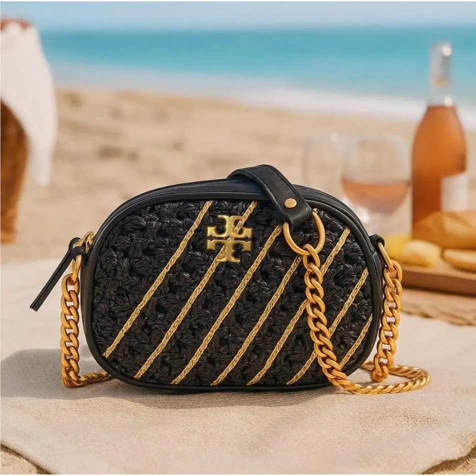 Tory Burch Kira Crochet Raffia Small Black Crossbody/camera Bag/shoulder Bag