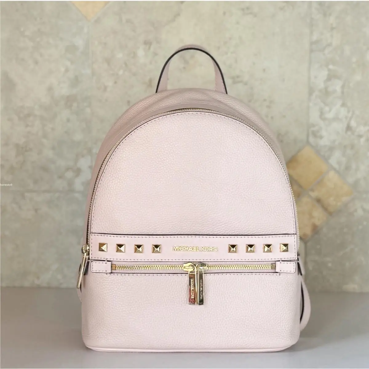 Michael Kors Kenly Medium Pebbled Leather Backpack Pink/gold Studs