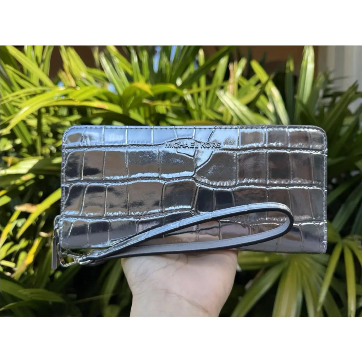 Michael Kors Jet Set Travel LG Continental Wallet Exotic Embossed Leather Silver