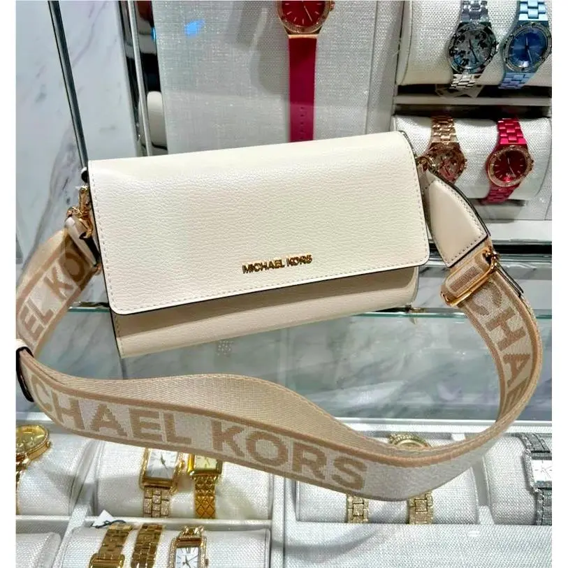 Michael Kors Women Large Jet Set Leather Zip Crossbody Purse Bag Light Cream