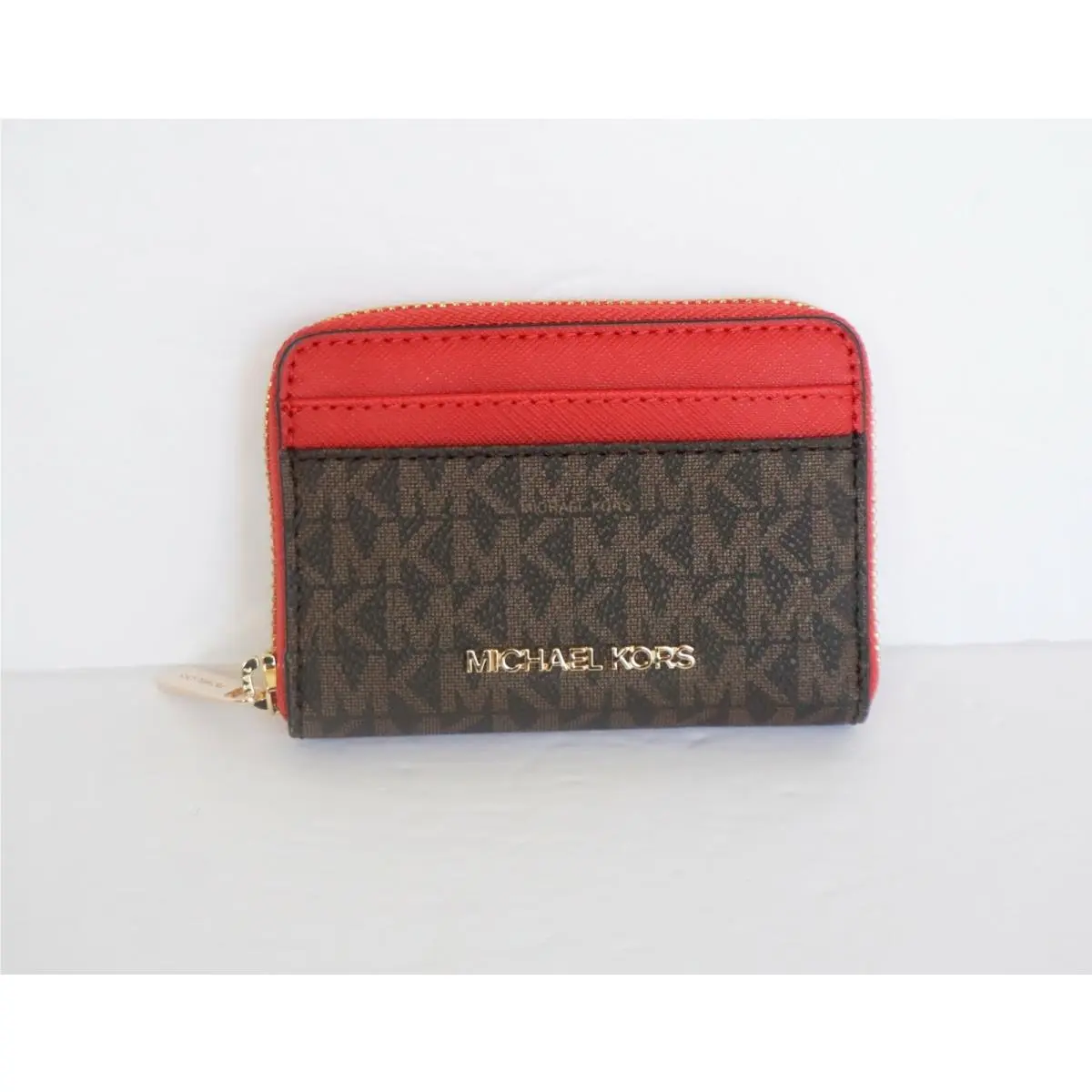 Michael Kors Jet Set Travel ZA Card Case Wallet MK Brown Red