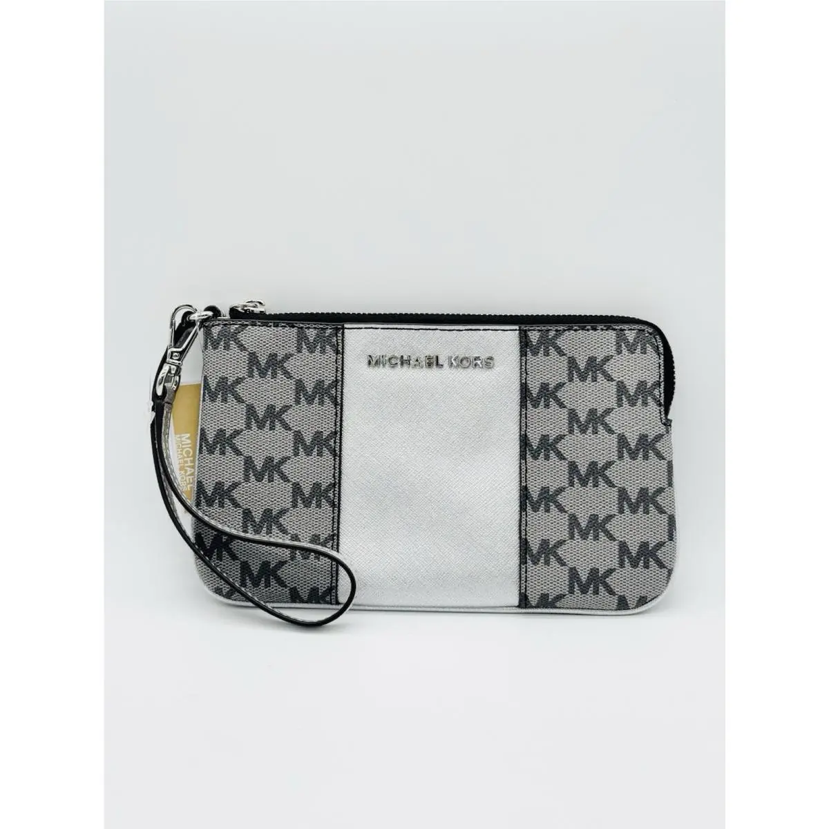 Michael Kors Center Stripe Black Silver Grey Zip Wallet Wristlet H1