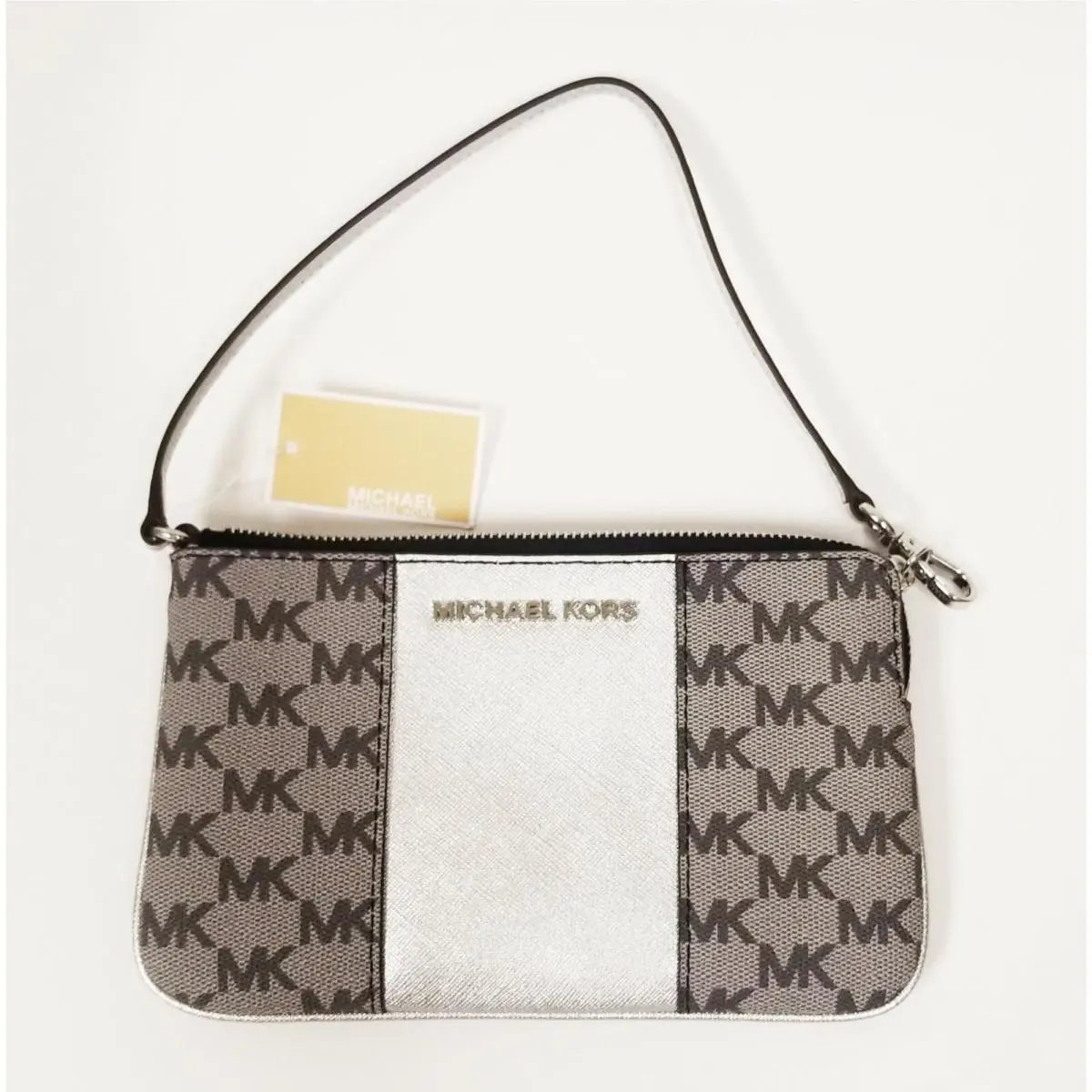 Michael Kors Center Stripe Black Silver Gray Logo Pvc Zip Wallet Wristlet