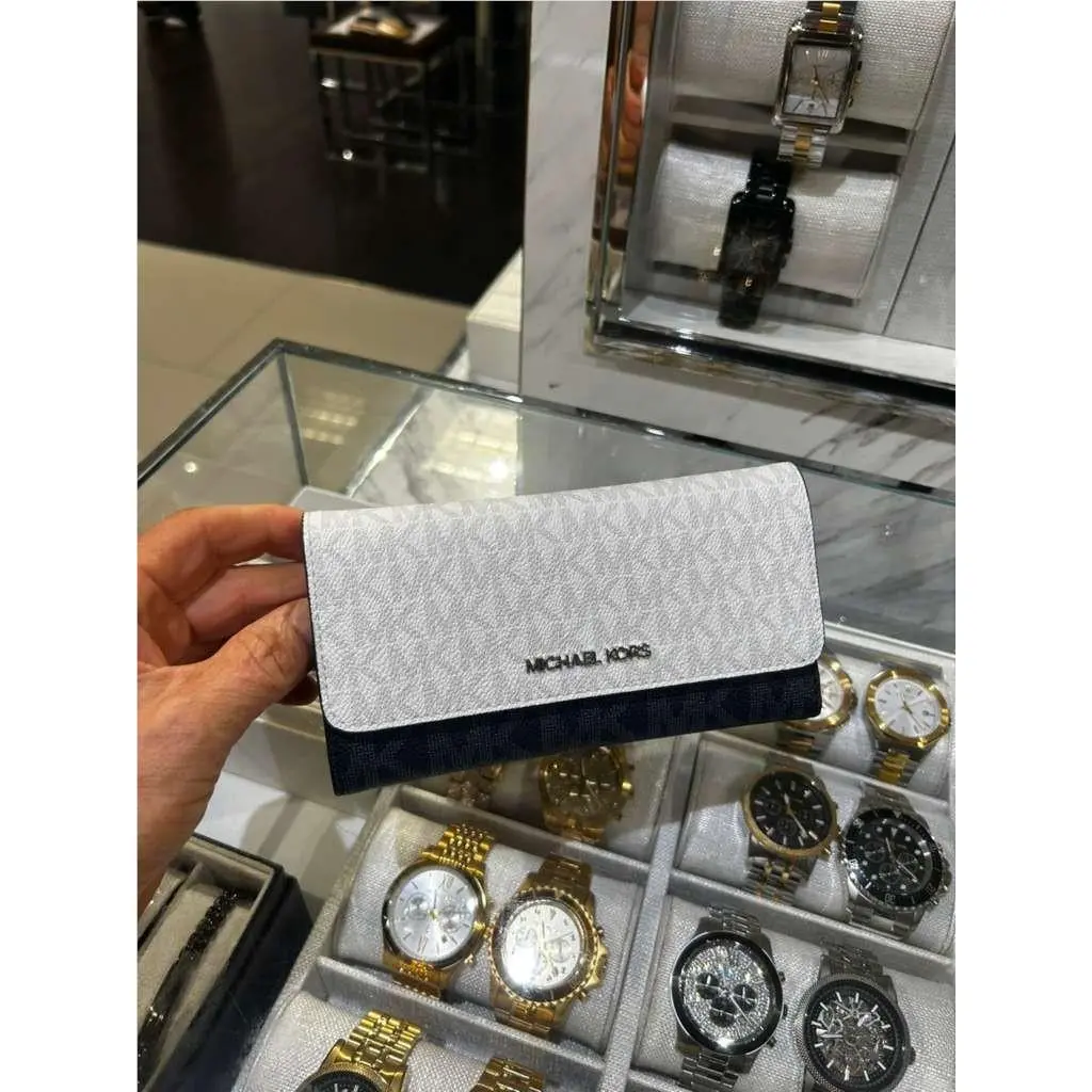 Michael Kors Jet Set Travel Lady Large Flat MK Trifold Card Wallet Optic White - Optic White Multi
