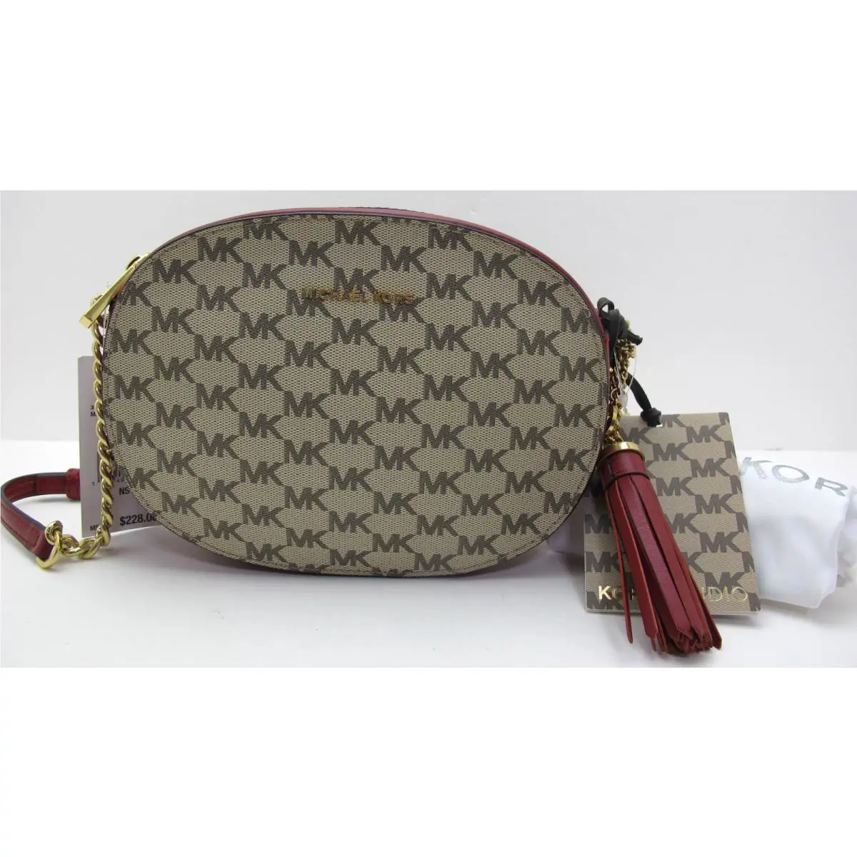 Michael Kors Ginny MD Messenger MK Monogram Crossbody Natural/luggage Gold