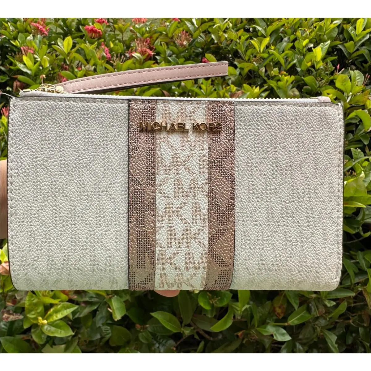 Michael Kors Jet Set Travel Large Double Zip Wallet Center Stripe MK Pink Multi