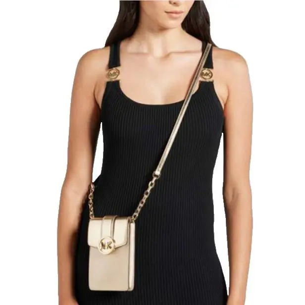 Michael Kors Carmen Small NS Phone Crossbody Pale Gold Leather Chain 35F3GNMC1M