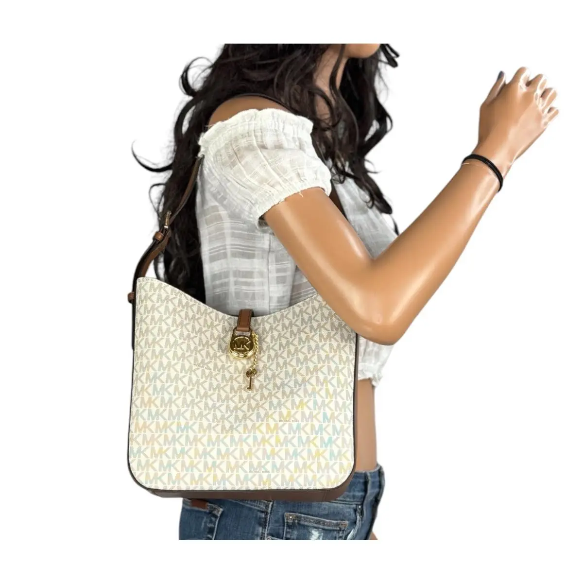 Michael Kors Lyra Small Shoulder Bucket Bag MK Vanilla/brown