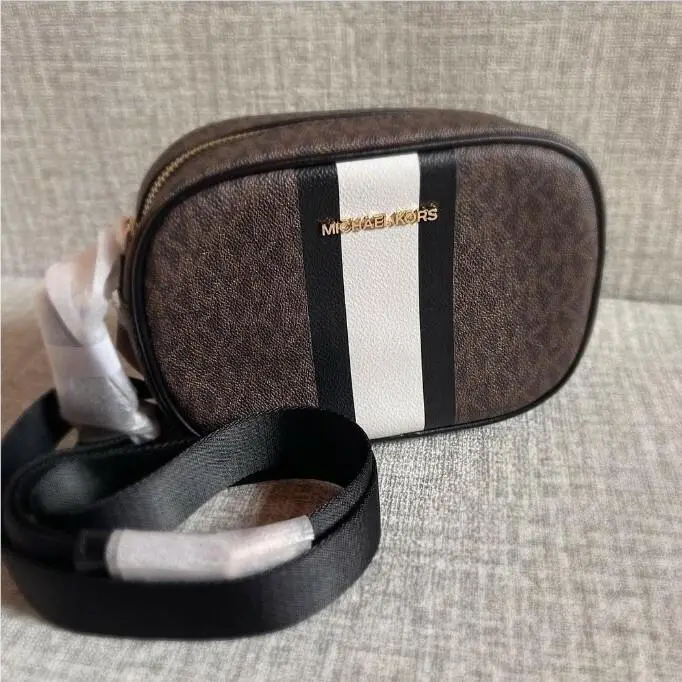 Michael Kors Jet Set Small Stripe Crossbody Bag Shoulder Brown Signature Silver