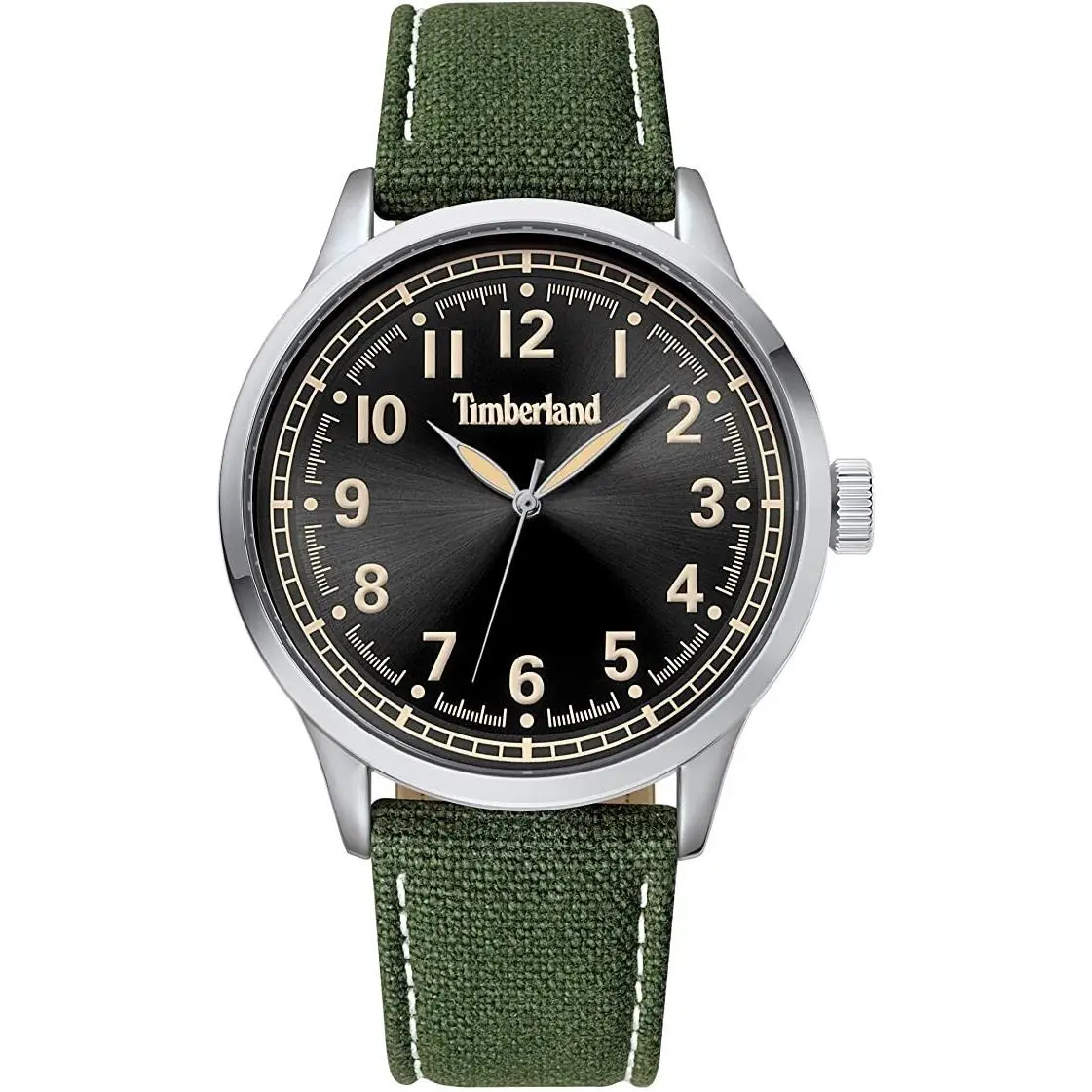 Timberland Men`s Watch Olive Green Leather Strap Canvas Steel Case TBL15907JYS02