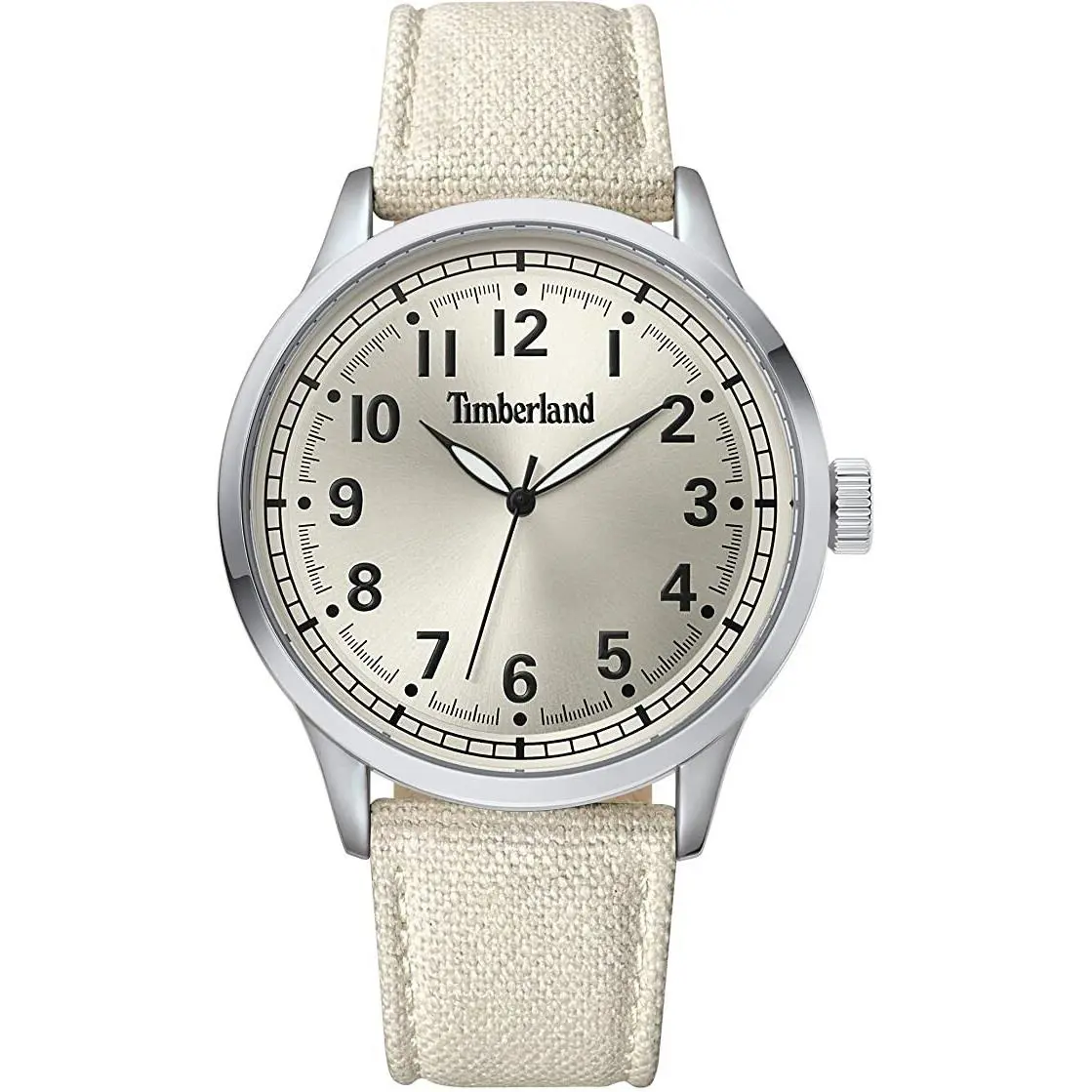 Timberland Steel 45mm Men`s Watch White Leather and Canvas Strap TBL15907JYS07 - Dial: Beige, Band: White, Bezel: Silver