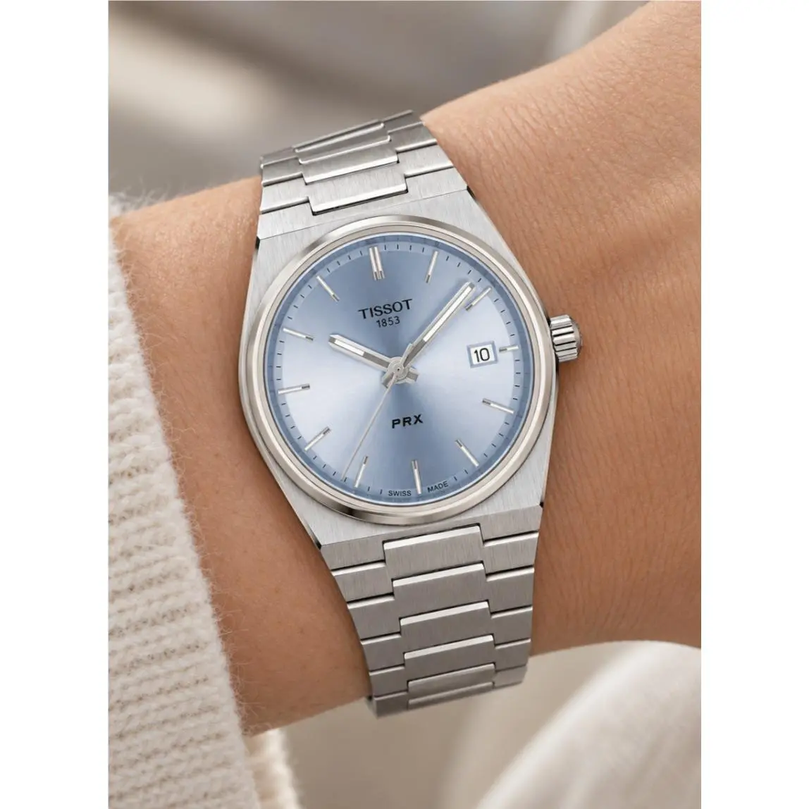 Tissot Prx Light Blue Dial 35mm Ladies Quartz Watch T137.210.11.351.00 - Dial: Light blue, Blue, Band: Gray, Silver, Bezel: Silver