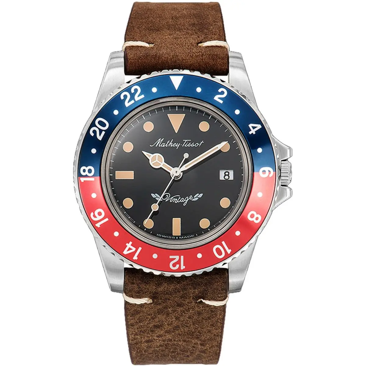 Mathey Tissot Men`s Watch Vintage Quartz Black Dial Brown Leather Strap H900ALR