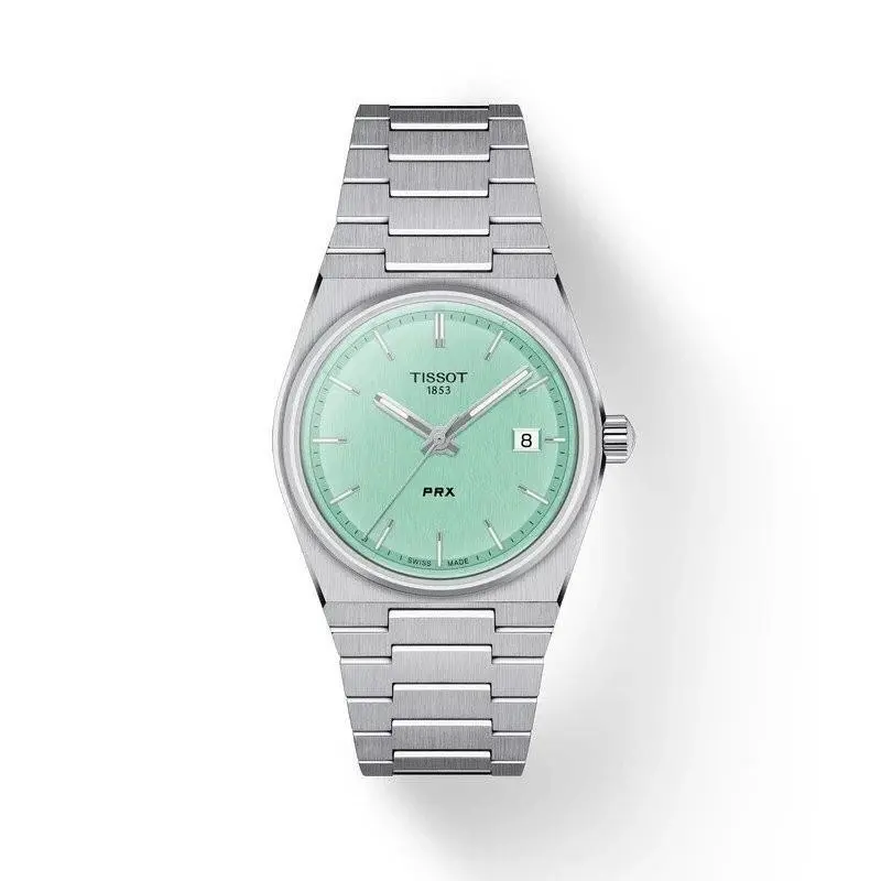 Tissot Prx Light Green Dial Stainless Steel 35mm Unisex Watch T1372101109100 - Dial: Light Green, Band: Silver, Bezel: Silver