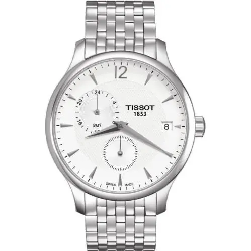 Tissot T-classic Tradition White Dial Gmt Men`s Watch T063.639.11.037.00 - Dial: White, Band: Silver, Bezel: Silver