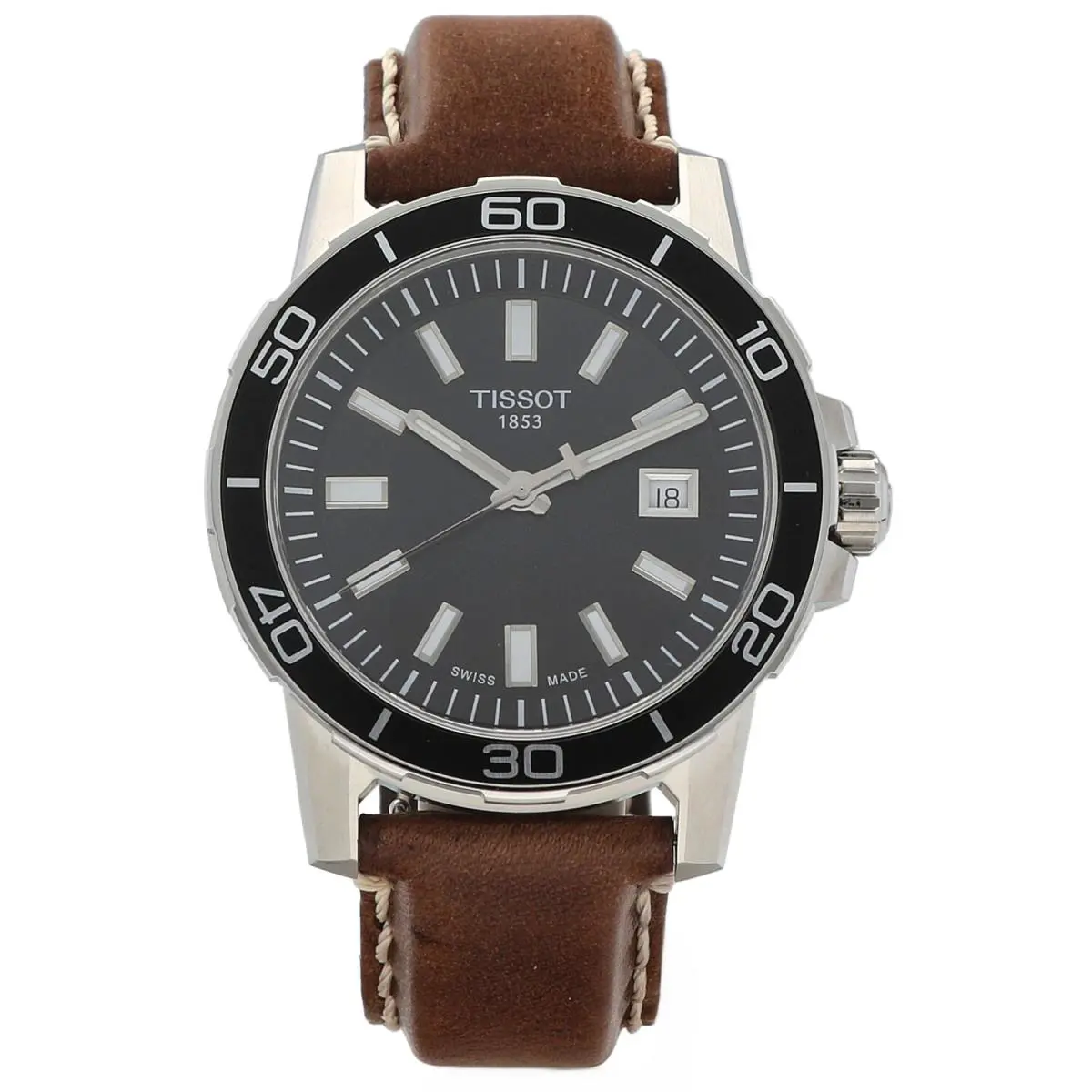 Tissot T125.610.16.051.00 Supersport Gent Brown Leather 44mm Quartz Men`s Watch - Dial: Black, Band: Brown, Bezel: Black