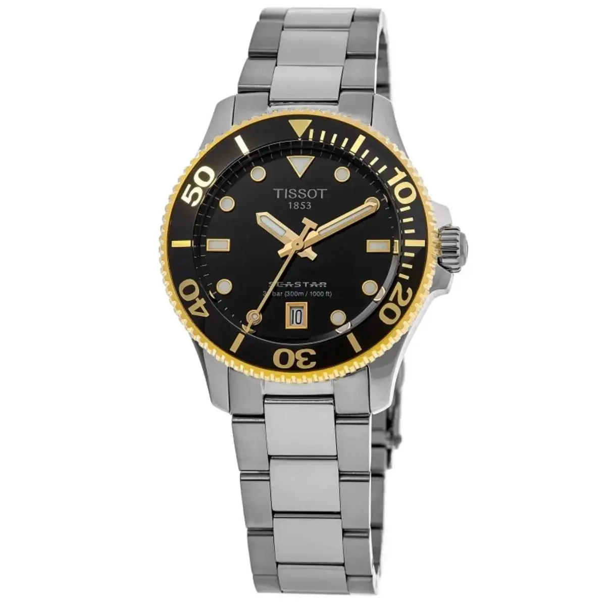 Seastar Black Dial 2 Tone Gold 36mm Quartz Watch T1202102105100 by Tissot