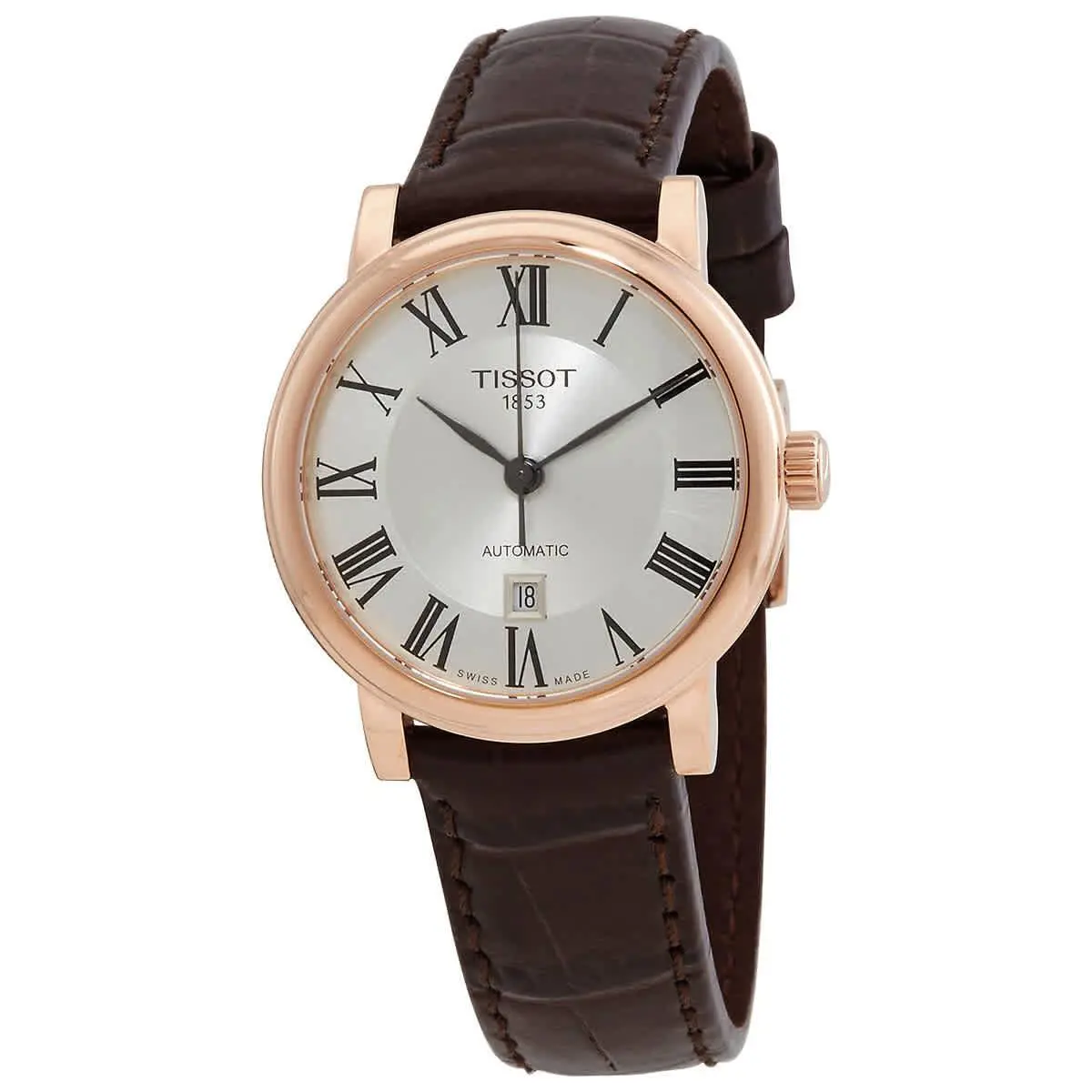 Tissot Carson Automatic Silver Dial Ladies Watch T122.207.36.033.00 - Dial: Silver, Band: Brown, Bezel: Pink