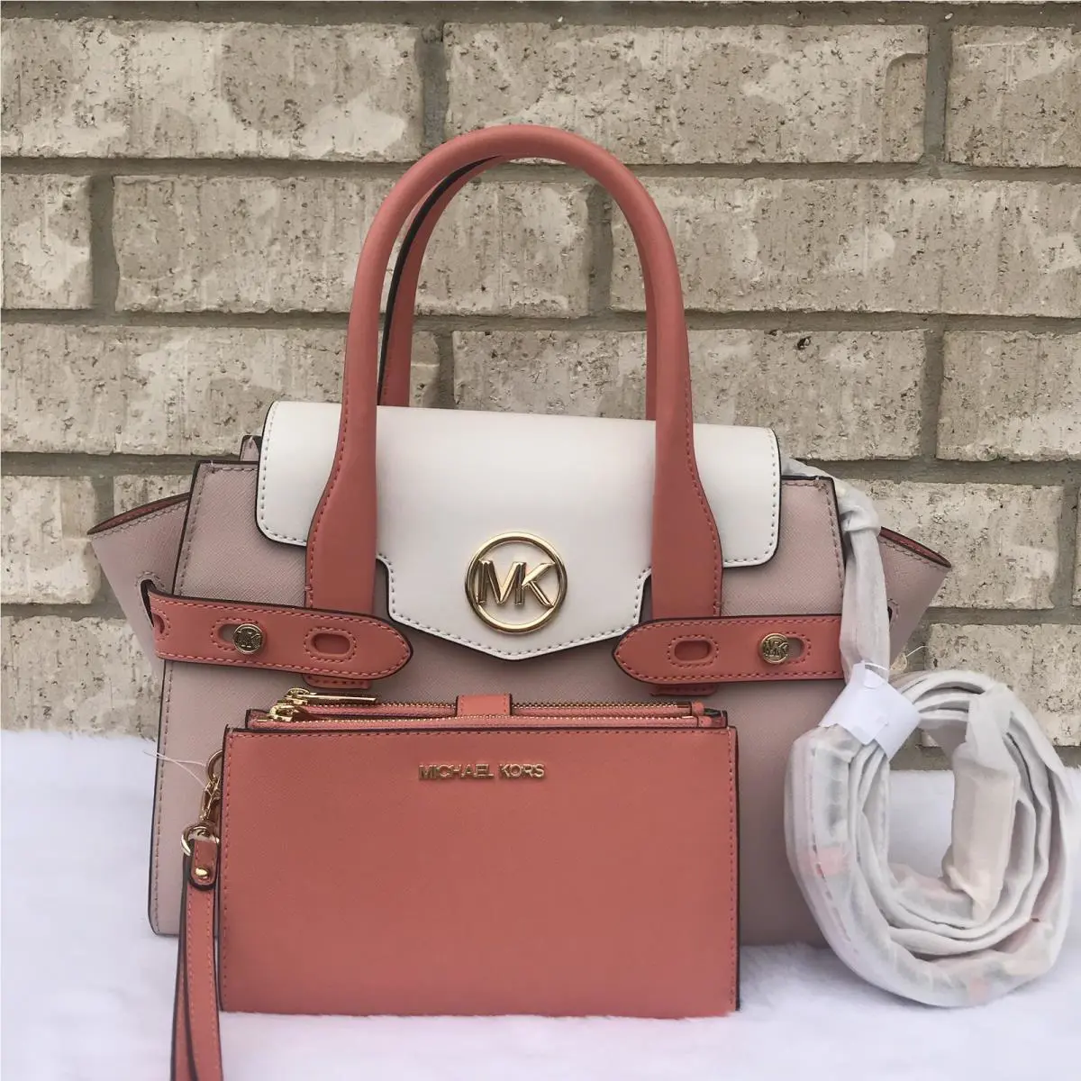 Michael Kors Carmen Medium Flap Satchel Colorblock Powder Blush Multi and Wallet