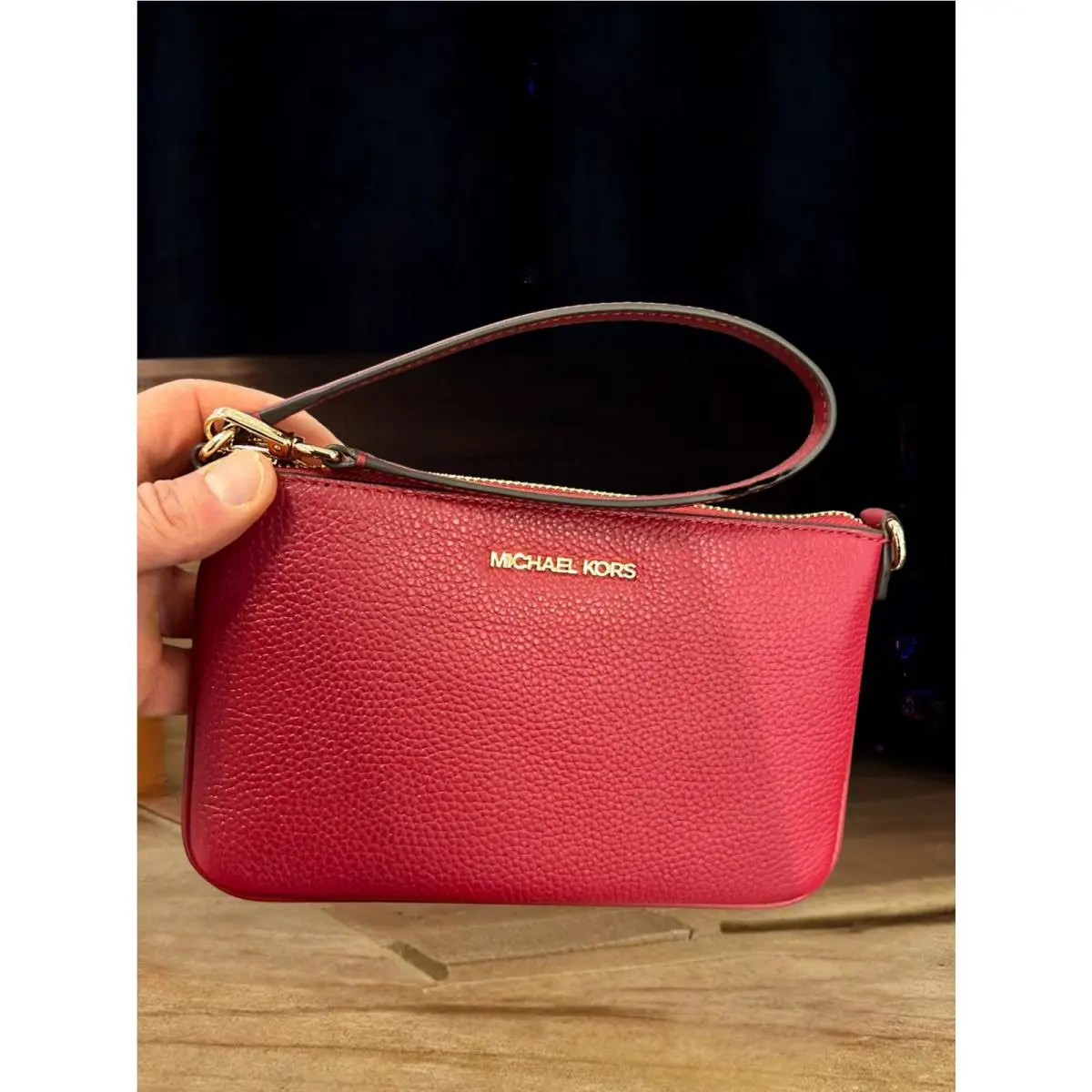 Michael Kors Women Cherry MK Small Pebbled Leather Clutch Wristlet Bag Wallet