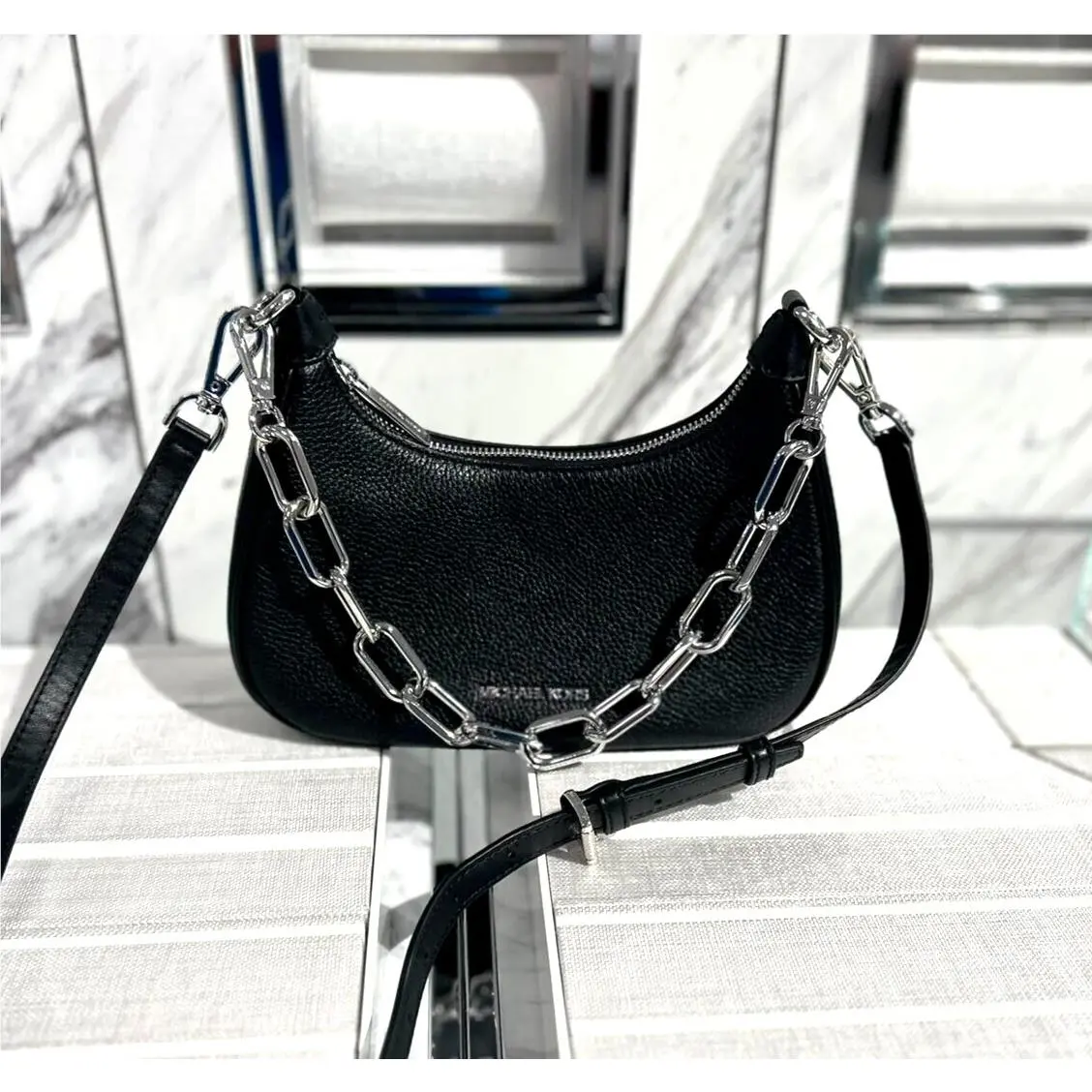Michael Kors Cora Black Leather Medium Zip Pouchette Shoulder Crossbody Bag